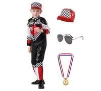 Makoike Racing Driver Costume Kids 4Pcs Boys Racing Suit Set Racer Jumpsuit Halloween Driver Cosplay Fancy Dress Up