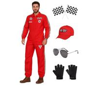 Makoike Racing Driver Costume Men Race Car Driver Costume Red Racer Jumpsuit Hat Glasses Gloves Flags Halloween Cosplay Outfits