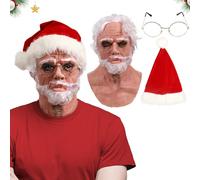 Makoike Santa Claus Mask 3Pcs Realistic Christmas Old Man Mask Red Santa Hat Glasses Halloween Christmas Cosplay Costume