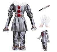 Makoike Scary Clown Costume for Kids 3Pcs Horror Killer Joker Outfit Knife Gloves Halloween Costume Carnival Cosplay Props
