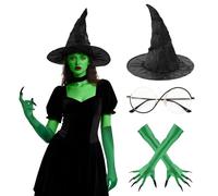 Makoike Wicked Witch Costume Accessories Elphaba Costume Witch Hat Green Claw Gloves Glasses Socks Halloween Cosplay Props (3Pcs)