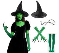 Makoike Wicked Witch Costume Accessories Elphaba Costume Witch Hat Green Claw Gloves Glasses Socks Halloween Cosplay Props (4Pcs)