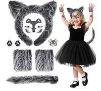 Makone Animal Costume Adult Kids, Mouse/Wolf/Cat/Pig/Leopard Costume Accessory with Grey Animal Ears Headband Animal Tail Nose Gloves Halloween Costumes Girls Unisex for Carnival Cosplay Party