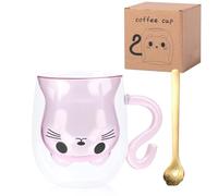 Makone Cat Cup1 Cat Mug Double Walled Glass Mugs with A Gold Spoon,300ml Cute Mug Coffee Mike Tea Cups,Birthday Valentines Mothers Day Easter Christmas Gifts for Women Children Wife Mum Girlfriend