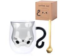 Makone Cat Cup2 Cat Mug Double Walled Glass Mugs with A Gold Spoon,300ml Cute Mug Coffee Mike Tea Cups,Birthday Valentines Mothers Day Easter Christmas Gifts for Women Children Wife Mum Girlfriend