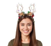 Makone Christmas Reindeer Antlers Headband Flower Crown Hair Hoops with Pine Cones Red Berry Elk Deer Headwear Woodland Headband for Women Girls Party Cosplay Photo Props