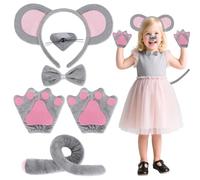 Makone Mouse Costume Adult Kids, Rat Costume Accessory with Grey Mouse Ears Headband Mouse Tail Nose Bow Tie Mouse Gloves Mouse Halloween Costumes Adult Girls Unisex for Carnival Cosplay Party