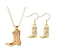 Makoto Nobu 2 Pcs Western Cowboy Boots Necklace and Cowgirl Boot Earrings Set - Fashionable Gold Retro Punk Style, Unique Niche Design Cowboy Boots Accessories for Women and Men
