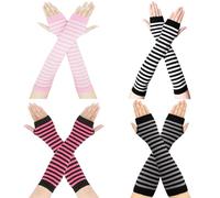 Makoto Nobu 4 Pairs Striped Arm Warmers Fingerless Gloves, Women Long Fingerless Gloves, Long Glove with Finger Holes Warmers Length Knitted Arm, Autumn Winter Accessories