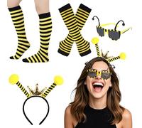 Makoto Nobu 4PCS Bee Costume Set for Adults, Bee Antenna Headband with Sun Glasses Black Yellow Striped Knee High Stocking and Long Gloves for Halloween Honey Party Cosplay