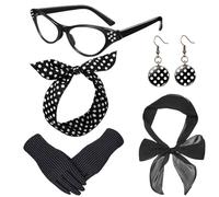 Makoto Nobu 5 PCS 50s Costume Accessories, 50s Fancy Dress Costume for Women, Grease Fancy Dress for Women Girl Ladies, Polka Dot Bandana Scarf Eyeglasses Earrings for Ladies 1950s Retro Party Decor
