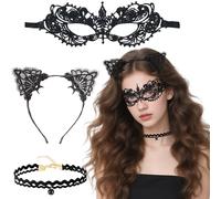 Makoto Nobu Cat Mask and Cat Ears Headband, 3 Pcs Lace Mask and Ears Black Choker Set for Women Masquerade Masks Costume Lace Accessories Make Up Party Favors