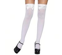 Makoto Nobu White Satin Bow Women's Opaque Thigh High Stockings, Over Knee Long Socks With White Bows, Hold Up Stockings Knee Tights for Women