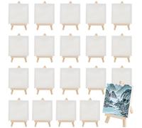 MAKTSAM 20 Sets Mini Canvas and Easel Set, 10 x 10cm Small Art Canvas with 8 x15cm WoodenTabletop Display Easel Stretched Blank Canva for Drawing, Painting, Wedding Decoration