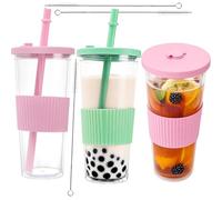 MAKTSAM 3 Pack Iced CoffeeBubble Tea Cups, 750ml/24oz Clear Double Wall Plastic Tumbler Cups with Straw and Lid, Smoothie Cup for Milk Tea, Fruit Juice, Coffee