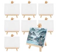 MAKTSAM 8 Sets Mini Canvas and Easel, 15 x 20cm Small Art Canvas with 18 x 24cm Wooden Easels, Tabletop Display Easel Stretched Blank Canvas for Drawing, Painting, Wedding Decoration