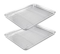 MAKTSAM Stainless Steel Baking Tray with Cooling Rack Set of 4 (2 Trays+2 Racks) - 40x30cm Oven Cookie Sheet Pan, Mirror Finish Dishwasher Safe for Roasting Cooking