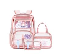 Makukke Clear Backpack for School, Heavy Duty 0.5mm Transparent Bookbag 3-in-1 Set with Lunch Bag,Fits 15.6" Laptop for Teens, Clear Pink, 11.5" x 6.5" x 17" (Main Backpack), Cute, Transparent, Campus