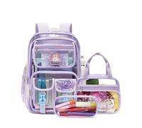 Makukke Clear Backpack for School, Heavy Duty 5mm Transparent Bookbag 3-in-1 Set with Lunch Bag, Fits 15.6" Laptop for Teens, Clear Purple, 11.5" x 6.5" x 17" (Main Backpack), Cute, Transparent