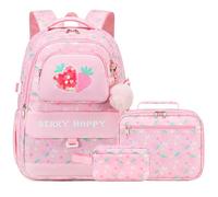 Makukke School Backpack for Girls Book Bag Set, School Bag for Teens Girls Kid Children Elementary Middle School Student, Waterproof (Strawberry-Pink)