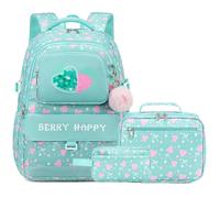 Makukke School Backpack for Girls Book Bag Set, School Bag for Teens Girls Kid Children Elementary Middle School Student, Waterproof (Strawberry-Green)