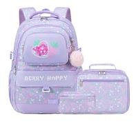 Makukke School Backpack for Girls Book Bag Set, School Bag for Teens Girls Kid Children Elementary Middle School Student, Waterproof (Strawberry-Purple)