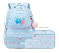 Makukke School Backpack for Girls Book Bag Set, School Bag for Teens Girls Kid Children Elementary Middle School Student, Waterproof (Strawberry-Blue)