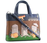 Mala Leather Alley Cats Leather Multi-Way Grab Bag Genuine Leather Handbag - Appliqué Party Cat Scene with Ginger Tom & Grey Cat - Detachable Strap - 30 × 23 × 8 cm