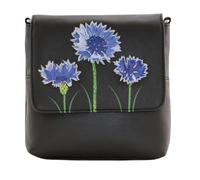Mala Leather Amana Cornflower Floral Flap Mini Crossbody Bag 16 x 17 x 3.5 cm - Genuine Leather Compact Travel Handbag with Card Slots & Zip Pocket (Black)