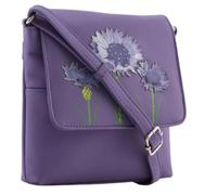 Mala Leather Amana Cornflower Floral Flap Mini Crossbody Bag 16 x 17 x 3.5 cm - Genuine Leather Compact Travel Handbag with Card Slots & Zip Pocket (Purple)