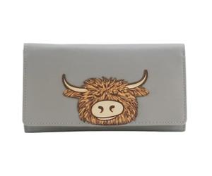 Mala Leather Bella Highland Cow Matinee Purse - Limited Edition Genuine Leather RFID Women’s Wallet with Card Slots, ID Window, Zipped Pockets & Note Sections - 18 × 10 × 2.5 cm (Grey)