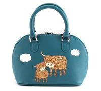 Mala Leather Bella Highland Cow Zip Round Grab Bag - Medium Leather Handbag Appliqué - Detachable Shoulder Strap & Dust Bag - 28 x 19 x 10 cm (Teal)