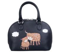 Mala Leather Bella Highland Cow Zip Round Grab Bag - Medium Leather Handbag Appliqué - Detachable Shoulder Strap & Dust Bag - 28 x 19 x 10 cm (Black)