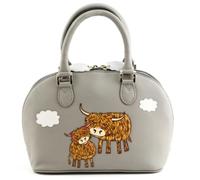 Mala Leather Bella Highland Cow Zip Round Grab Bag - Medium Leather Handbag Appliqué - Detachable Shoulder Strap & Dust Bag - 28 x 19 x 10 cm (Grey)