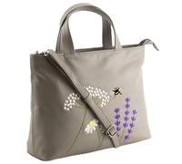 Mala Leather Blossom Floral & Bee Multiway Grab Bag - Genuine Leather - Detachable Shoulder Strap, External Phone Pocket - Black/Grey - 30 x 23 x 9 cm (Grey)