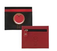 Mala Leather Bobbie Robin Bird Card Holder with Zip - Genuine Leather Slim Wallet with RFID Protection - Card Slots, Slip Pocket & Coin Zip - Black & Red
