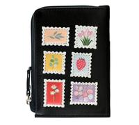 Mala Leather Botanists Floral Post Stamp Coin & Card Purse with RFID - Leather Zip Coin Wallet with Card Slots, Stamp Appliqué Design, Dust Bag Included (Black)