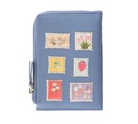 Mala Leather Botanists Floral Post Stamp Coin & Card Purse with RFID - Leather Zip Coin Wallet with Card Slots, Stamp Appliqué Design, Dust Bag Included (Blue)