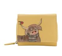 Mala Leather Callum The Highland Cow & Robin Bird Medium Tri Fold Purse - Genuine Leather RFID Wallet with Zipped Coin Pocket (Yellow)