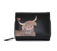 Mala Leather Callum The Highland Cow & Robin Bird Medium Tri Fold Purse - Genuine Leather RFID Wallet with Zipped Coin Pocket (Black)