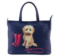 Mala Leather Coco’s Walk Dog Multiway Grab Bag - Navy Soft Leather Handbag with Shoulder & Crossbody Strap, Cute Dog & Wellies Design Womens Bag 30 x 23 cm