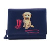 Mala Leather Coco’s Walk Tri Fold Purse for Women - Navy Leather Maltipoo Dog Appliqué RFID Wallet with Coin Zip, Card Slots & ID Window - 11 x 9 cm