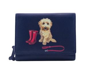 Mala Leather Coco’s Walk Tri Fold Purse for Women - Navy Leather Maltipoo Dog Appliqué RFID Wallet with Coin Zip, Card Slots & ID Window - 11 x 9 cm