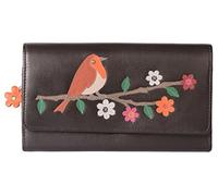 Mala Leather Cute Robin Black RFID Protected Flapover Purse - Luxury Leather, 13 Card Slots, 2 Slip Pockets, 1 ID Window, Gift Dustbag Included