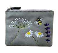 Mala Leather Embroidered Blossom Bee & Daisy Leather Coin Purse - Grey