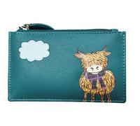 Mala Leather Highland Cow Coin & Card Purse - Black Soft Leather with RFID Protection - Appliqué Design with Dustbag (Teal)