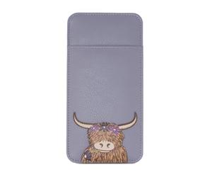 Mala Leather Highland Cow Wide Fitting Glasses Case, Slim Slip In Design with Front Pocket, 17.5 x 9 cm (Lilac)