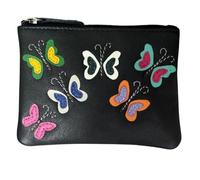 Mala Leather Juno Coin Purse - Genuine Leather Small Zip Wallet with Butterfly Appliqué, RFID Protection, Card Slot & Keyring - 12 x 9 x 1 cm - Butterflies (Black)