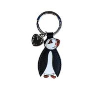 Mala Leather Puffin Keyring - Genuine Leather - Appliqué Design - Strong Split Ring - Handmade Animal Key Chain - Black - 7 x 6 cm