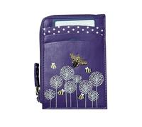 Mala Leather RFID Coin & Card Purse - Moonflower - Bumble Bee Appliqué - Real Leather - Compact Design with 6 Card Slots & Curved Zip Coin Pocket - Gift Dust Bag Included (Purple)